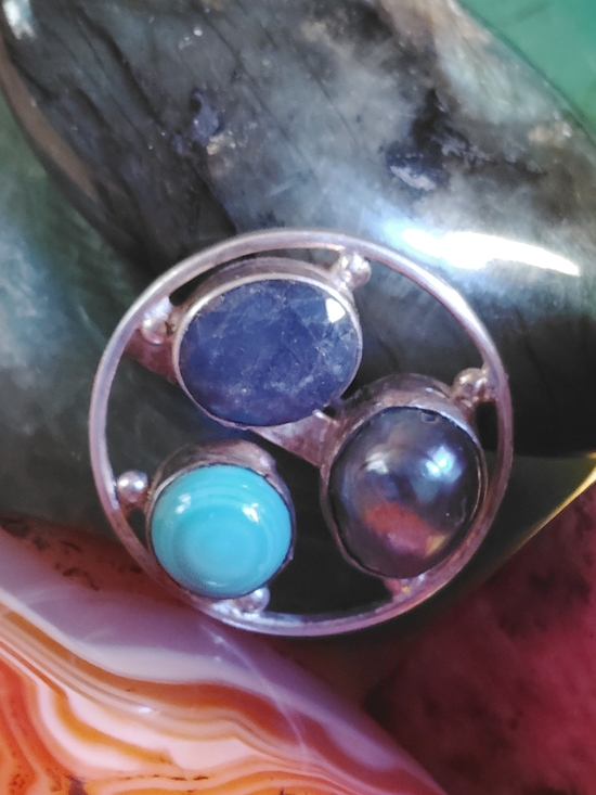 TRIPLE STONE RING  LAPIS-LAZUI, LARIMAR, IRIDESCENT PEARL, ALL NATURAL, STERLING
